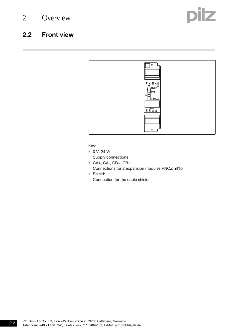 Front view, 2overview, 2 front view | Pilz PNOZ ml1p safe link 24VDC User Manual | Page 10 / 35