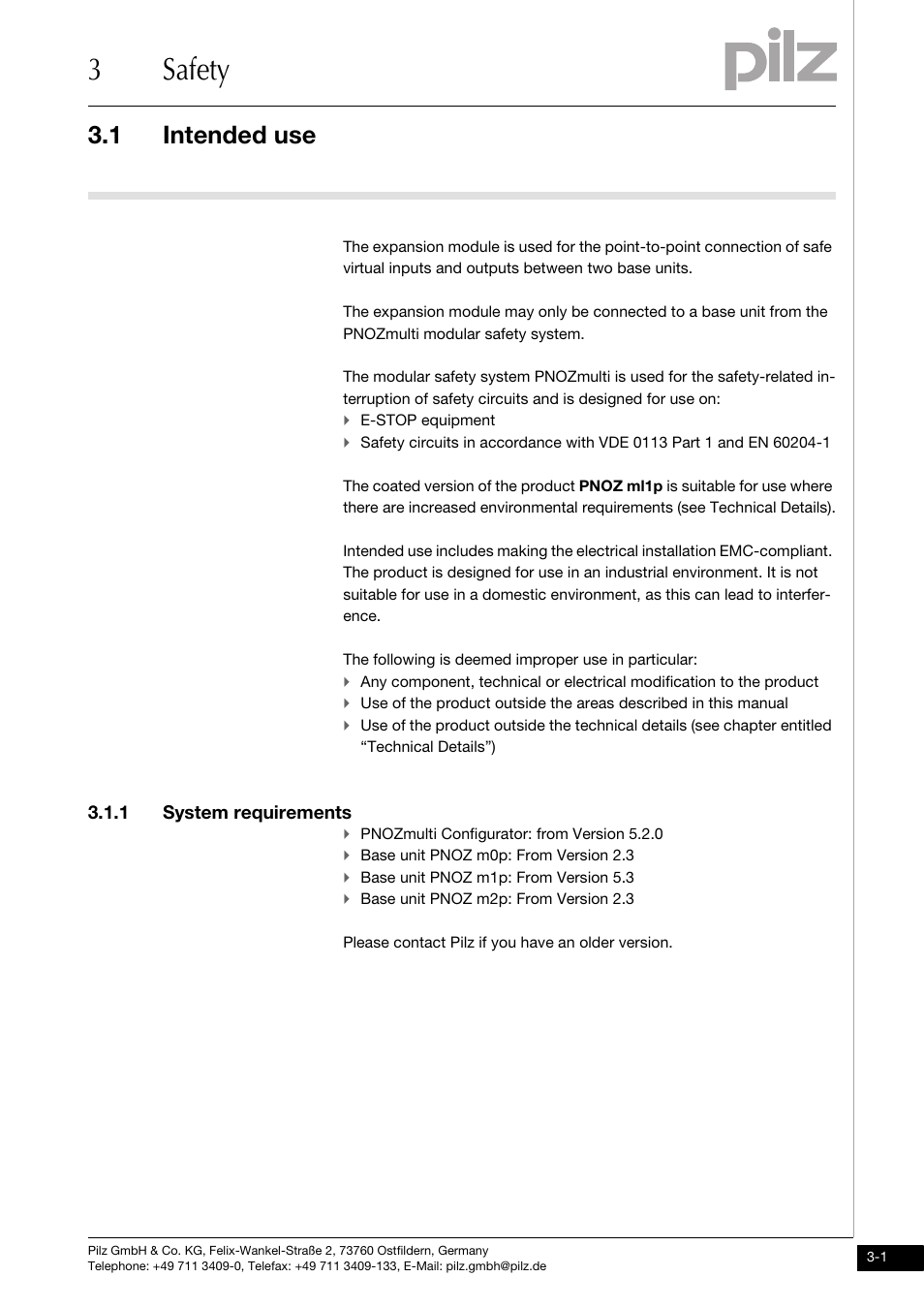 Safety, Intended use, System requirements | 3safety, 1 intended use, 1 system requirements | Pilz PNOZ ml1p safe link 24VDC User Manual | Page 11 / 35