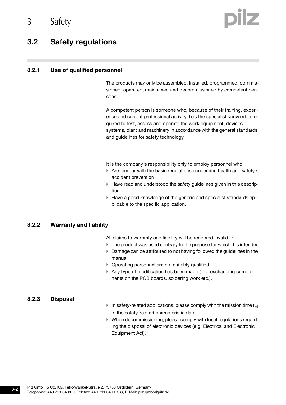 Safety regulations, Use of qualified personnel, Warranty and liability | Disposal, 3safety, 2 safety regulations, 1 use of qualified personnel, 2 warranty and liability, 3 disposal | Pilz PNOZ ml1p safe link 24VDC User Manual | Page 12 / 35