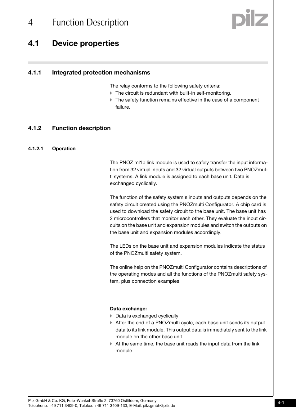 Function description, Device properties, Integrated protection mechanisms | Operation, 4function description, 1 device properties, 1 integrated protection mechanisms, 2 function description | Pilz PNOZ ml1p safe link 24VDC User Manual | Page 15 / 35