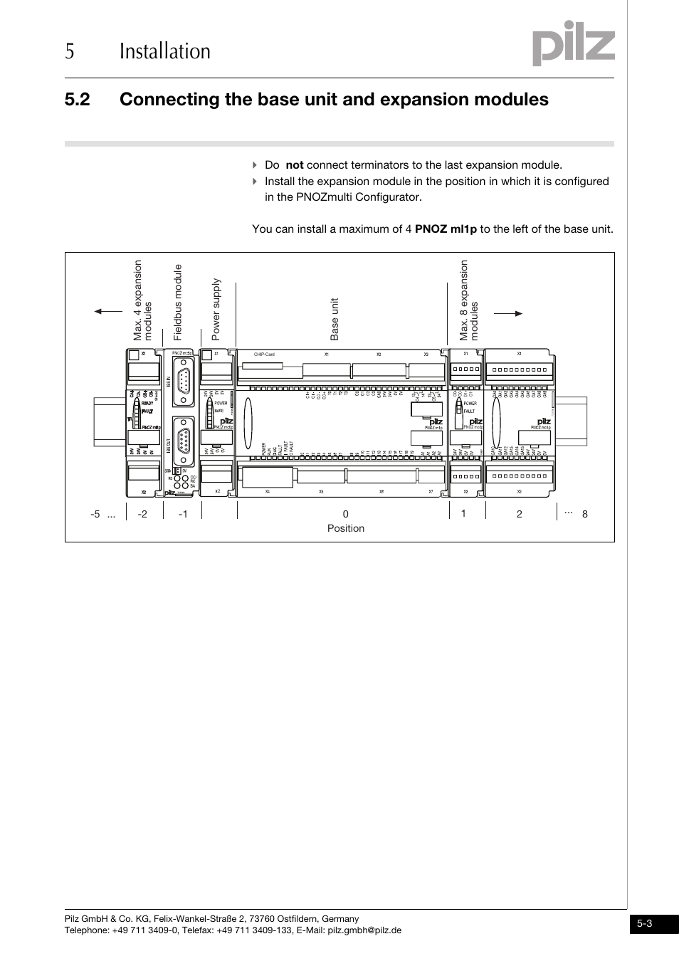 Connecting the base unit and expansion modules, 5installation, 2 connecting the base unit and expansion modules | Pilz PNOZ ml1p safe link 24VDC User Manual | Page 21 / 35