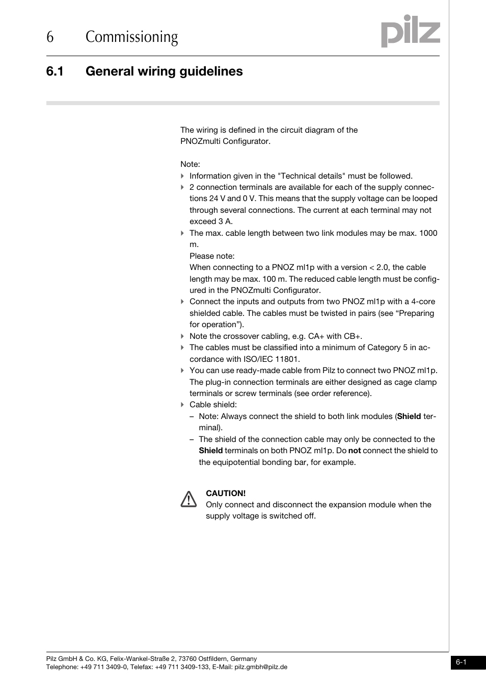 Commissioning, General wiring guidelines, 6commissioning | 1 general wiring guidelines | Pilz PNOZ ml1p safe link 24VDC User Manual | Page 23 / 35