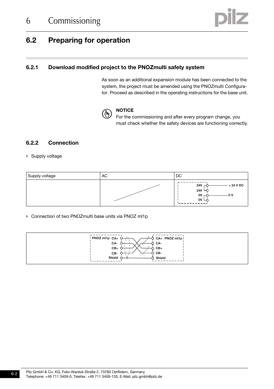 Preparing for operation, Connection, 6commissioning | 2 preparing for operation, 2 connection | Pilz PNOZ ml1p safe link 24VDC User Manual | Page 24 / 35