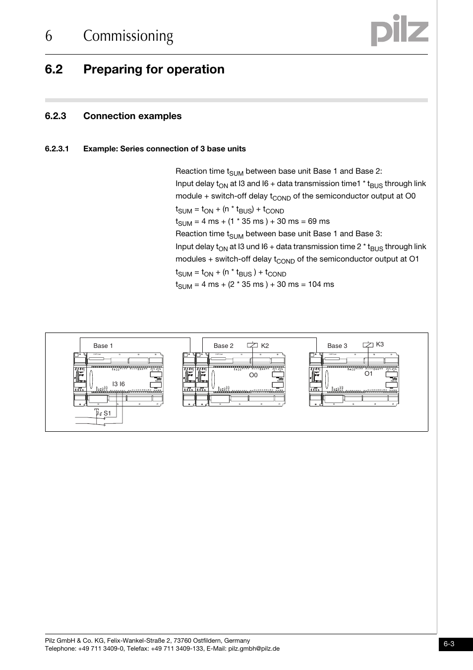 Connection examples, Example: series connection of 3 base units, 6commissioning | 2 preparing for operation, 3 connection examples | Pilz PNOZ ml1p safe link 24VDC User Manual | Page 25 / 35