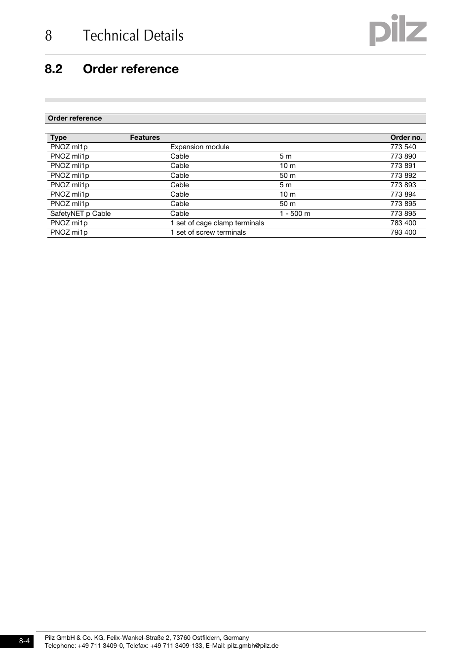 8technical details, 2 order reference | Pilz PNOZ ml1p safe link 24VDC User Manual | Page 34 / 35