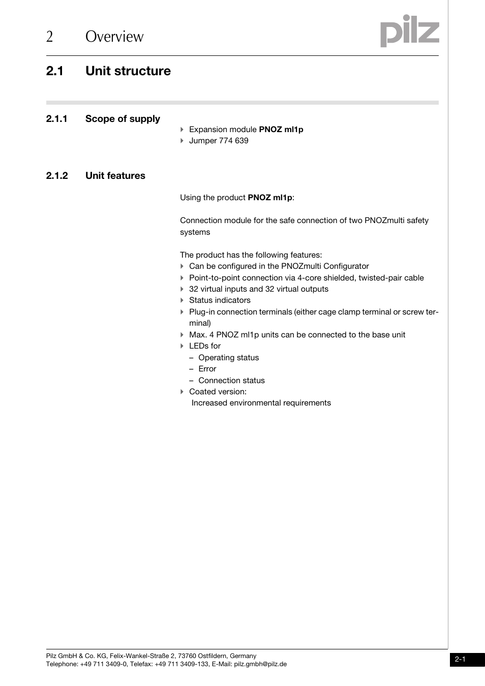 Overview, Unit structure, Scope of supply | Unit features, 2overview, 1 unit structure, 1 scope of supply, 2 unit features | Pilz PNOZ ml1p safe link 24VDC User Manual | Page 9 / 35