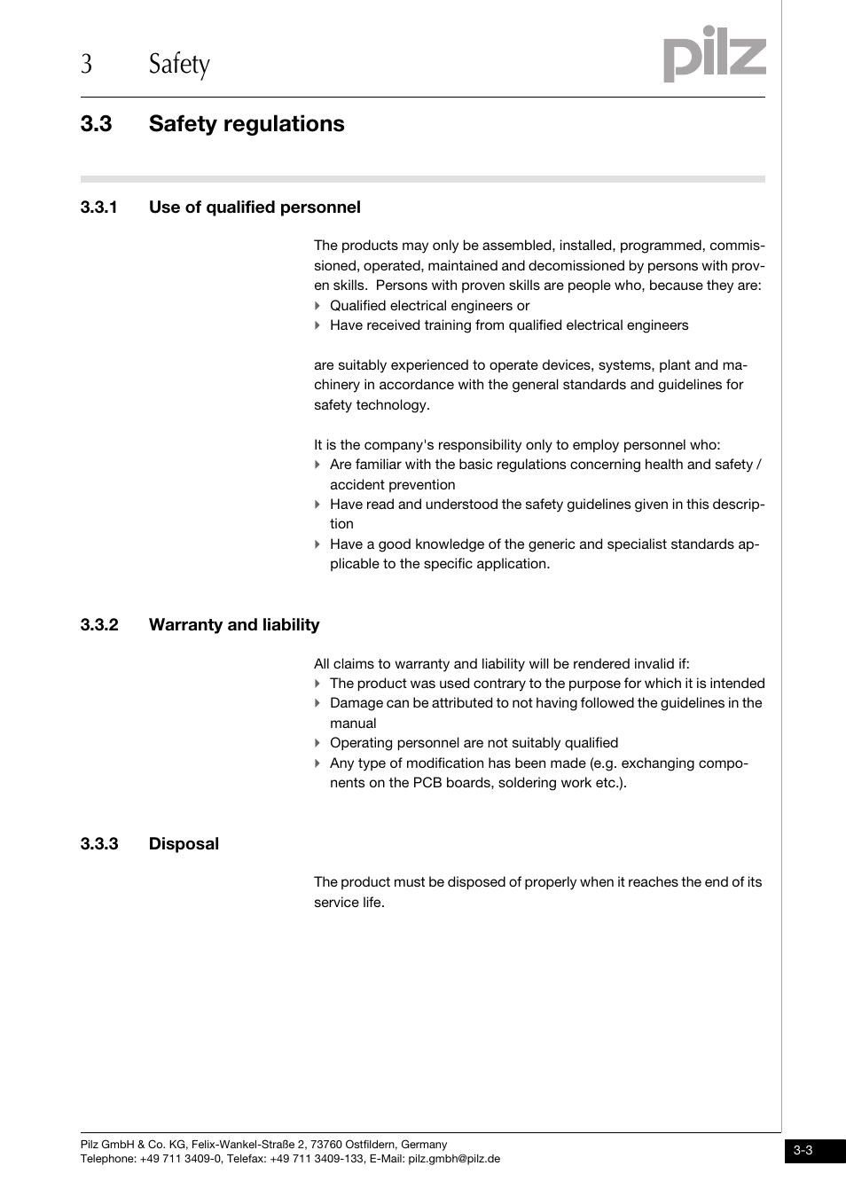 Safety regulations, 1 use of qualified personnel, 2 warranty and liability | 3 disposal, 3safety, 3 safety regulations | Pilz PNOZ ml2p safe link PDP User Manual | Page 13 / 33