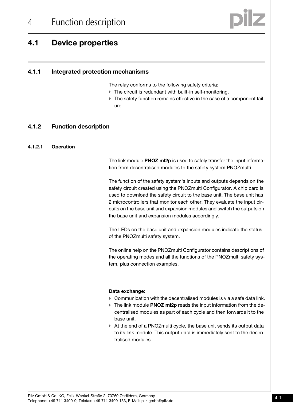 Function description, Device properties, 1 integrated protection mechanisms | 2 function description, 1 operation, 4function description, 1 device properties | Pilz PNOZ ml2p safe link PDP User Manual | Page 15 / 33