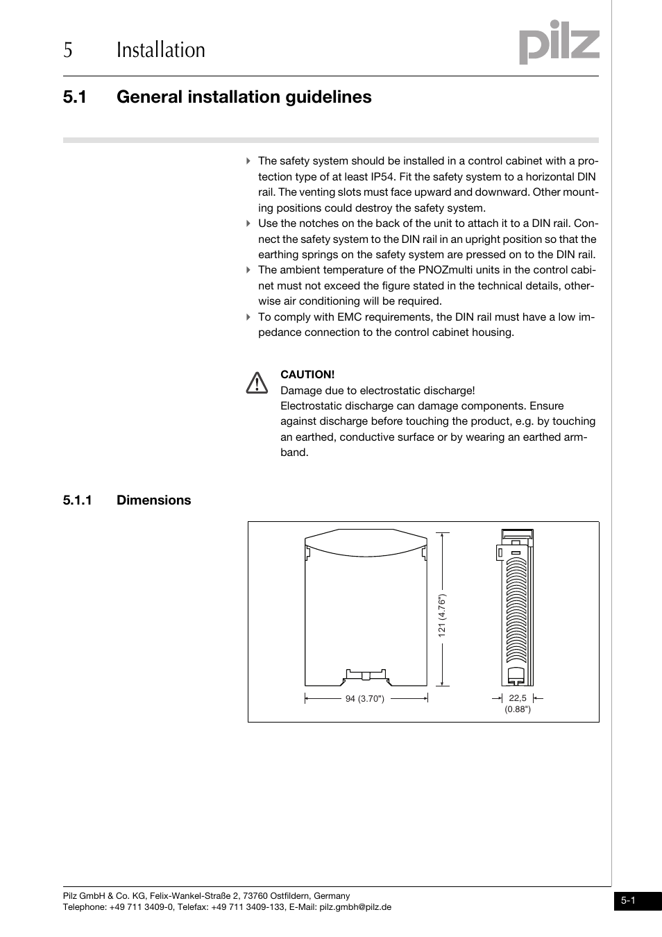 Installation, General installation guidelines, 1 dimensions | 5installation, 1 general installation guidelines | Pilz PNOZ ml2p safe link PDP User Manual | Page 17 / 33