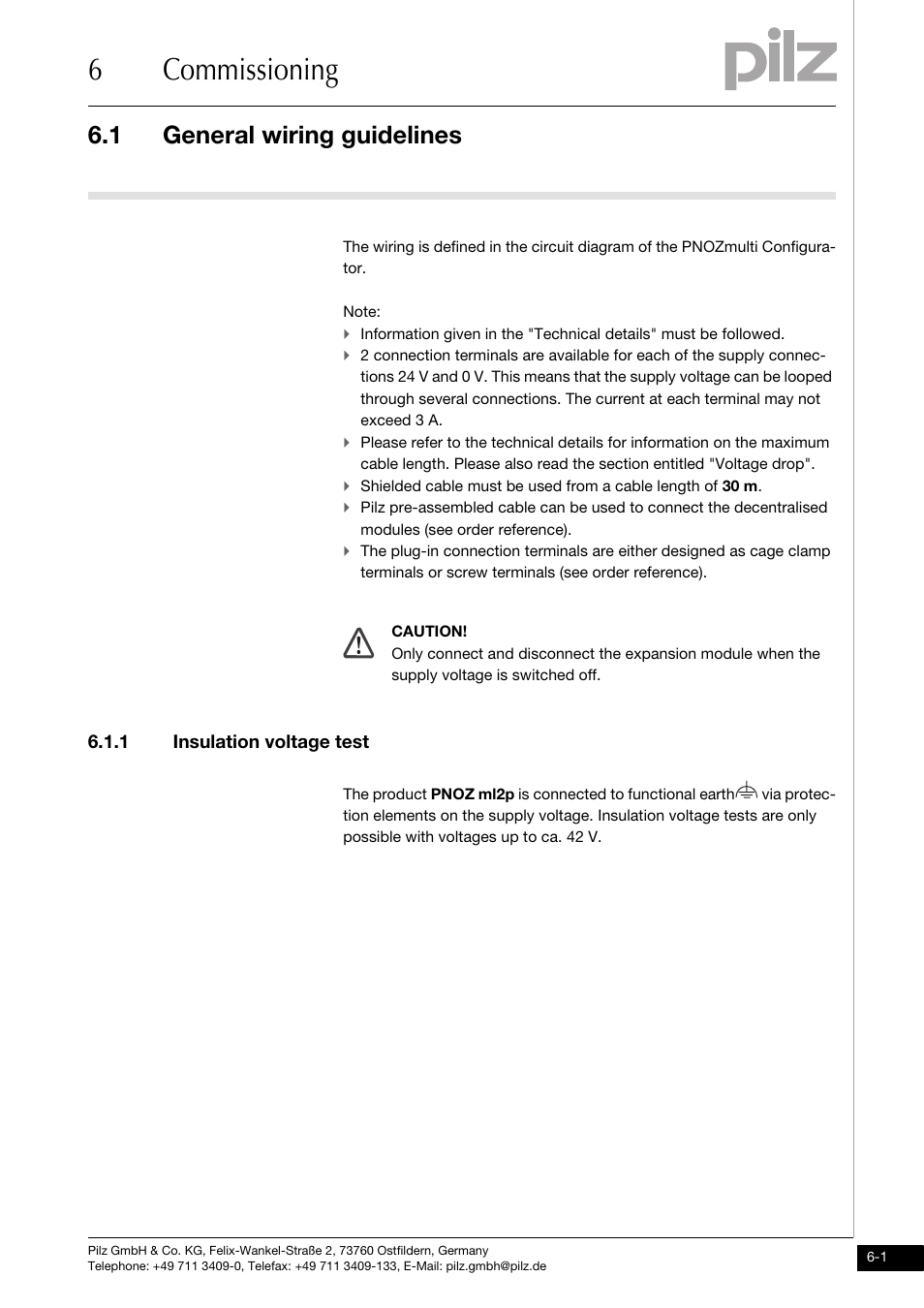 Commissioning, General wiring guidelines, 1 insulation voltage test | 6commissioning, 1 general wiring guidelines | Pilz PNOZ ml2p safe link PDP User Manual | Page 19 / 33