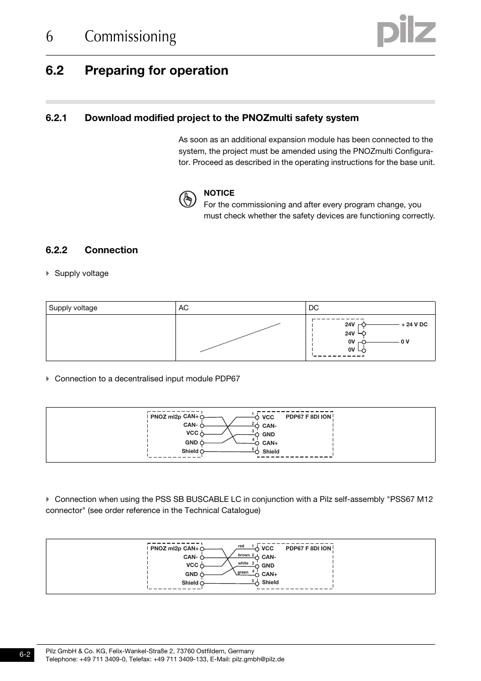 Preparing for operation, 2 connection, 6commissioning | 2 preparing for operation, Supply voltage, Connection to a decentralised input module pdp67 | Pilz PNOZ ml2p safe link PDP User Manual | Page 20 / 33