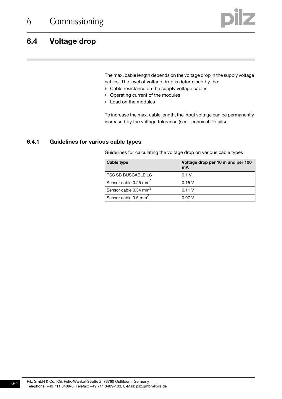 Voltage drop, 1 guidelines for various cable types, 6commissioning | 4 voltage drop | Pilz PNOZ ml2p safe link PDP User Manual | Page 22 / 33