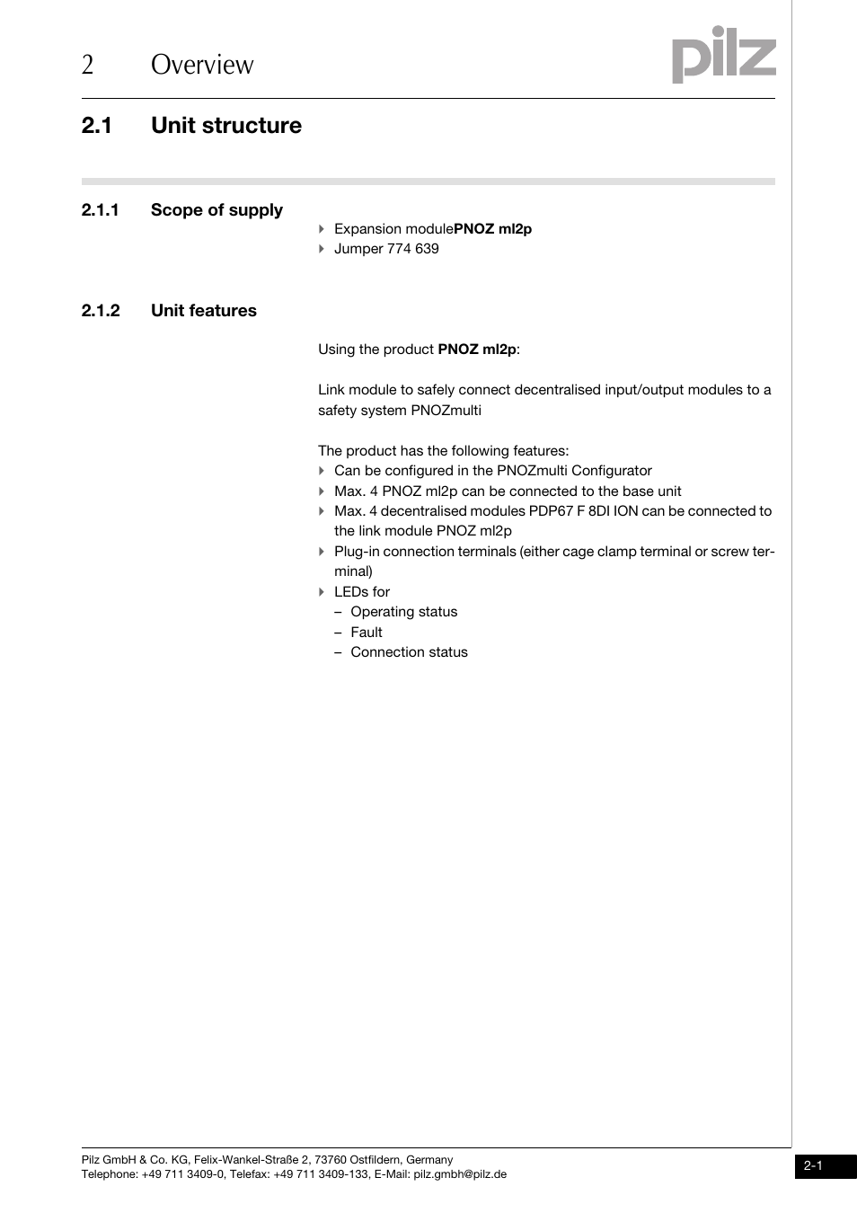 Overview, Unit structure, 1 scope of supply | 2 unit features, 2overview, 1 unit structure | Pilz PNOZ ml2p safe link PDP User Manual | Page 9 / 33