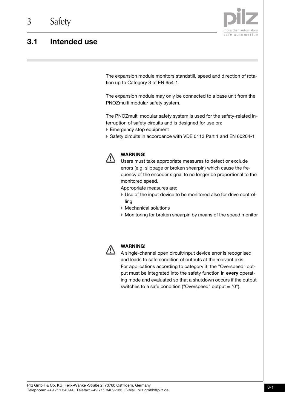 Safety, Intended use, 3safety | 1 intended use | Pilz PNOZ ms1p standstill / speed monitor User Manual | Page 11 / 43