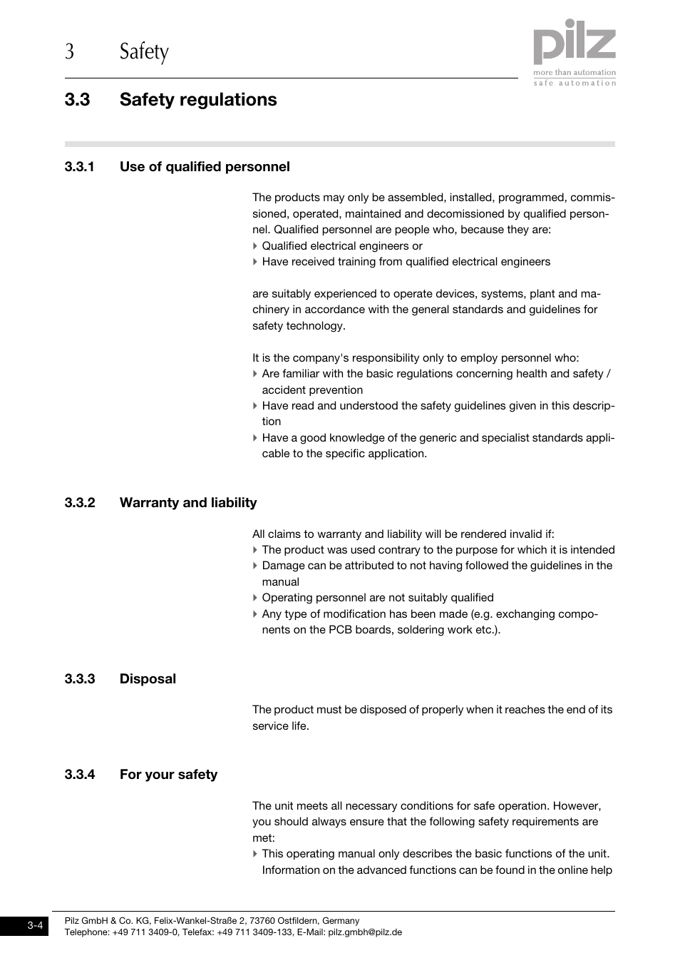 Safety regulations, 1 use of qualified personnel, 2 warranty and liability | 3 disposal, 4 for your safety, 3safety, 3 safety regulations | Pilz PNOZ ms1p standstill / speed monitor User Manual | Page 14 / 43