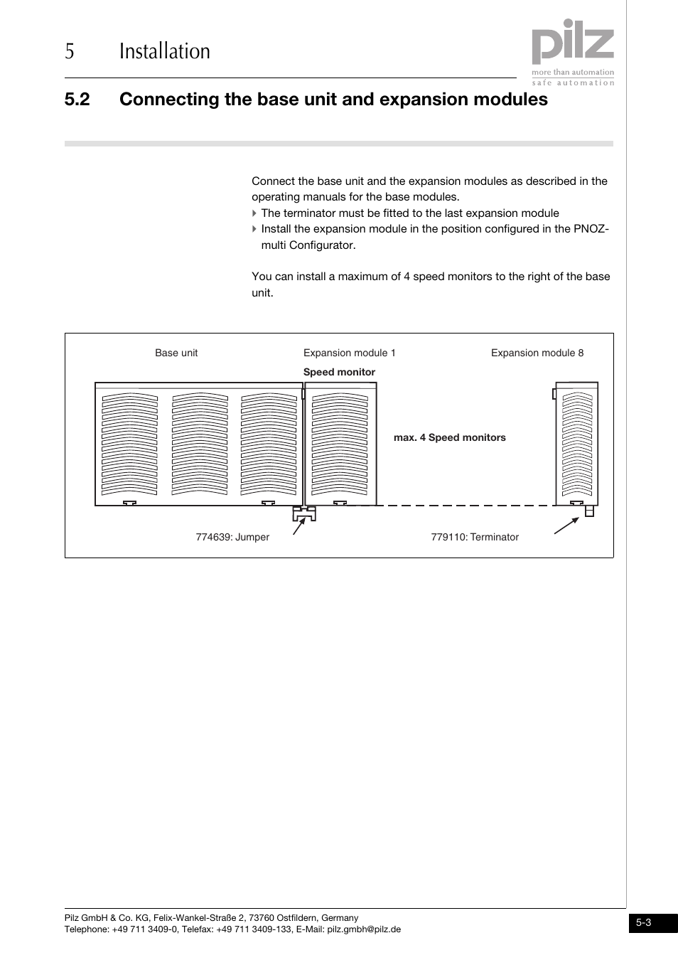 Connecting the base unit and expansion modules, 5installation, 2 connecting the base unit and expansion modules | Pilz PNOZ ms1p standstill / speed monitor User Manual | Page 23 / 43