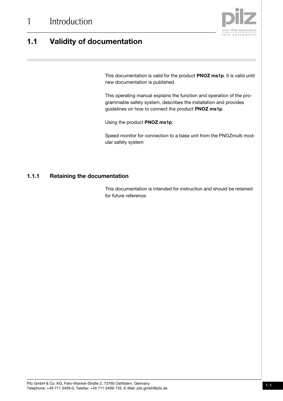 Introduction, Validity of documentation, 1 retaining the documentation | 1introduction, 1 validity of documentation | Pilz PNOZ ms1p standstill / speed monitor User Manual | Page 5 / 43