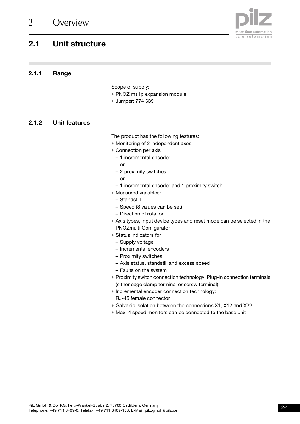 Overview, Unit structure, 1 range | 2 unit features, 2overview, 1 unit structure | Pilz PNOZ ms1p standstill / speed monitor User Manual | Page 9 / 43