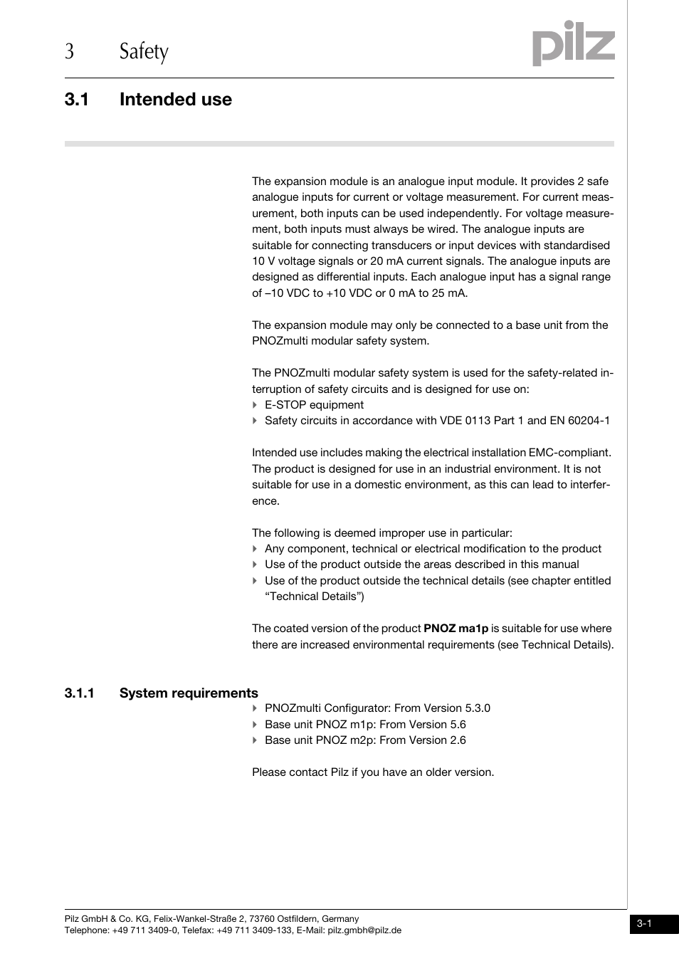 Safety, Intended use, 1 system requirements | 3safety, 1 intended use | Pilz PNOZ ma1p 2 Analog Input User Manual | Page 11 / 29