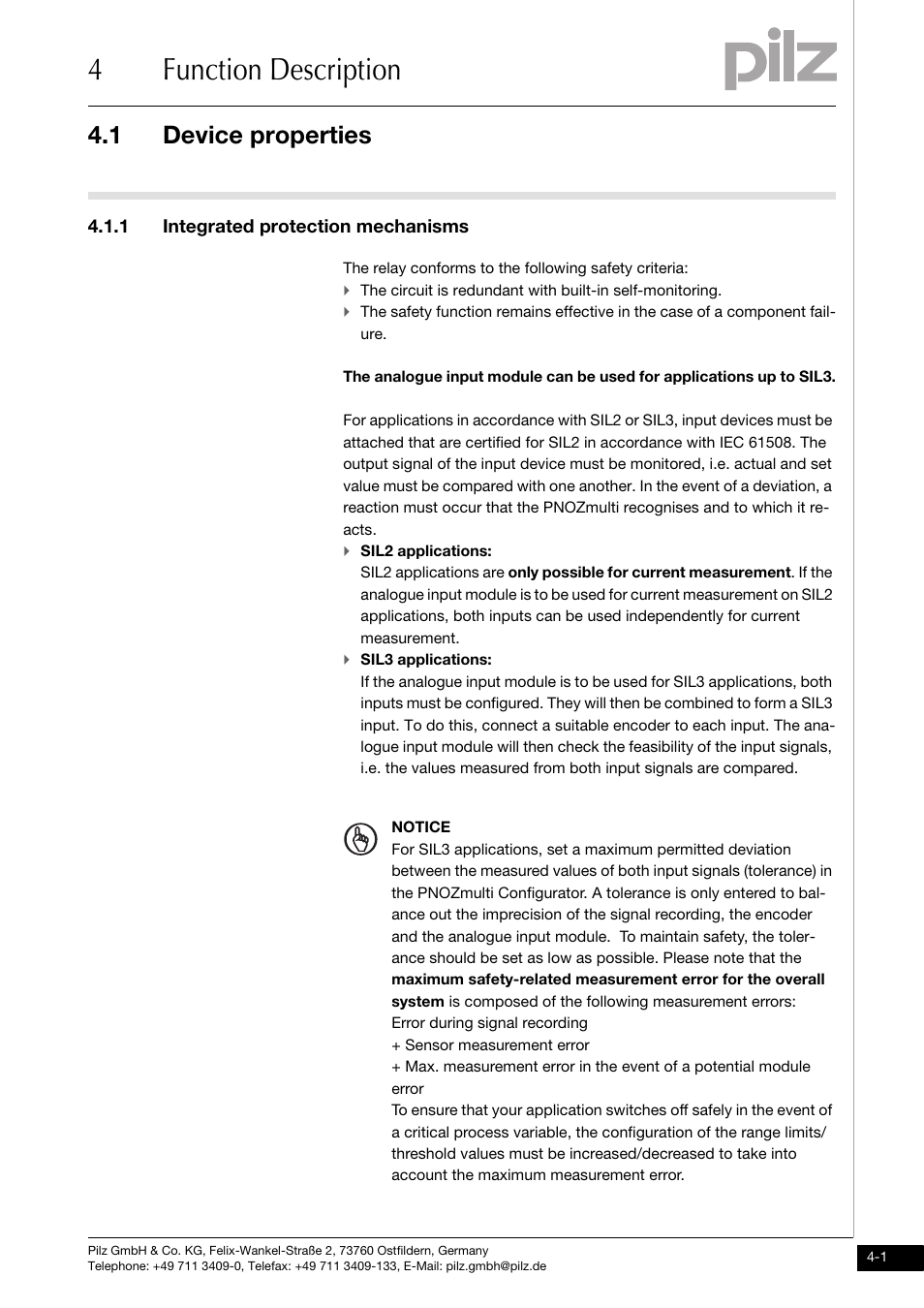 Function description, Device properties, 1 integrated protection mechanisms | 4function description, 1 device properties | Pilz PNOZ ma1p 2 Analog Input User Manual | Page 15 / 29