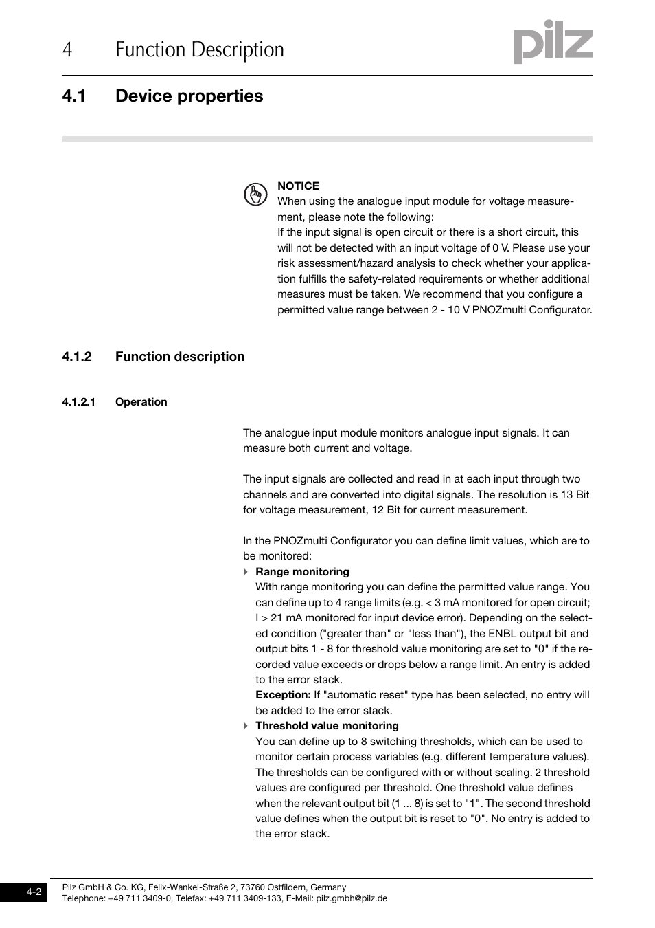 2 function description, 1 operation, 4function description | 1 device properties | Pilz PNOZ ma1p 2 Analog Input User Manual | Page 16 / 29