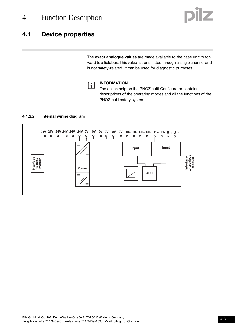 2 internal wiring diagram, 4function description, 1 device properties | Pilz PNOZ ma1p 2 Analog Input User Manual | Page 17 / 29