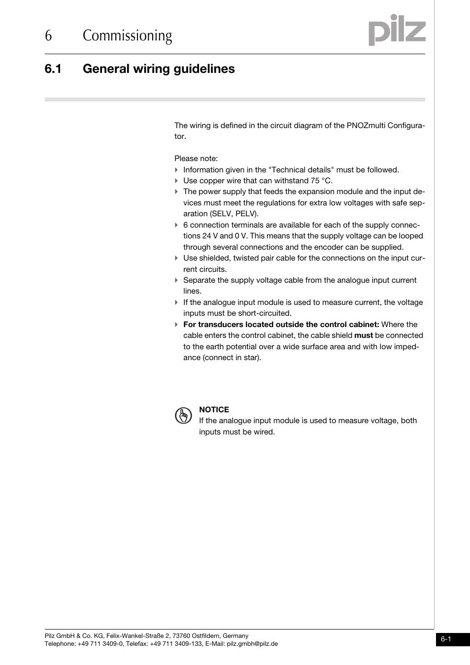 Commissioning, General wiring guidelines, 6commissioning | 1 general wiring guidelines | Pilz PNOZ ma1p 2 Analog Input User Manual | Page 23 / 29