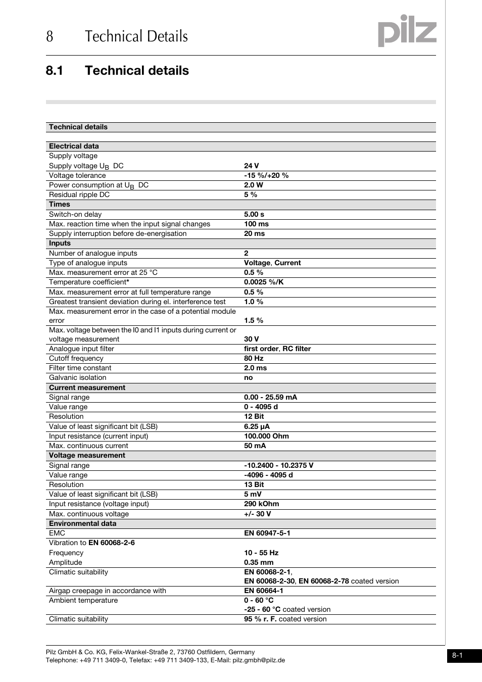 Technical details, 8technical details, 1 technical details | Pilz PNOZ ma1p 2 Analog Input User Manual | Page 27 / 29