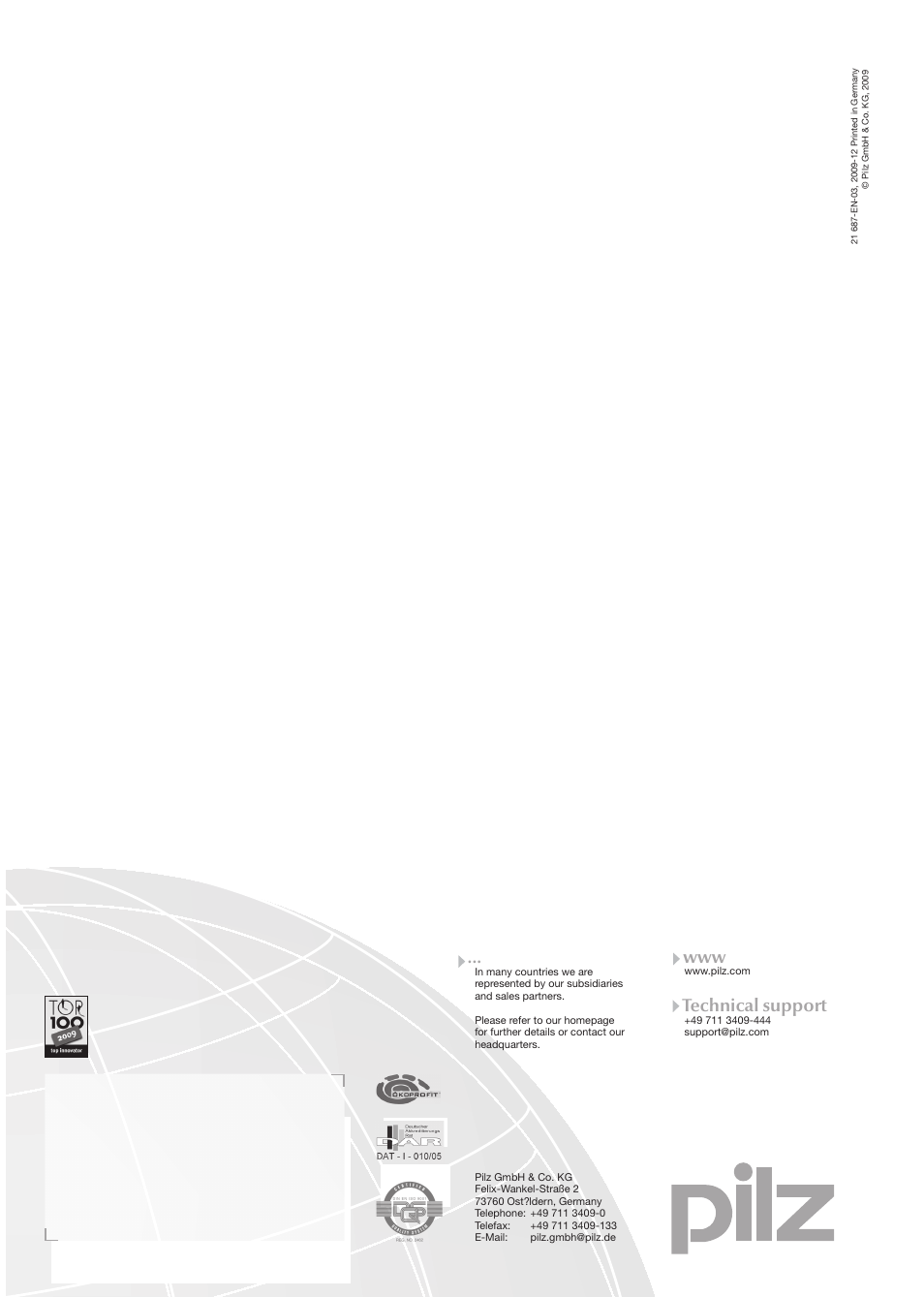 Contact address, Technical support | Pilz PNOZ ma1p 2 Analog Input User Manual | Page 29 / 29