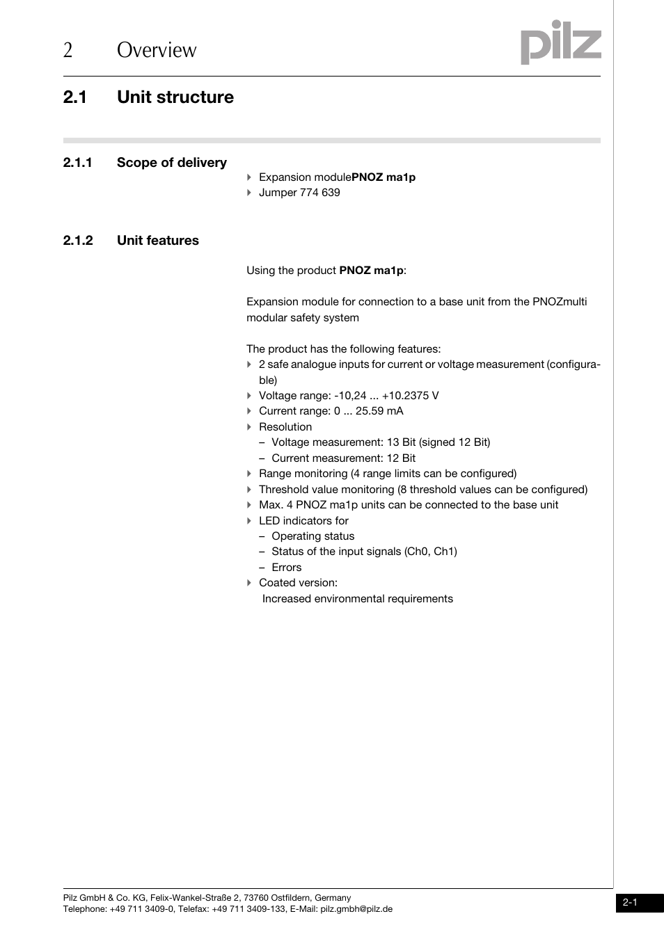 Overview, Unit structure, 1 scope of delivery | 2 unit features, 2overview, 1 unit structure | Pilz PNOZ ma1p 2 Analog Input User Manual | Page 9 / 29