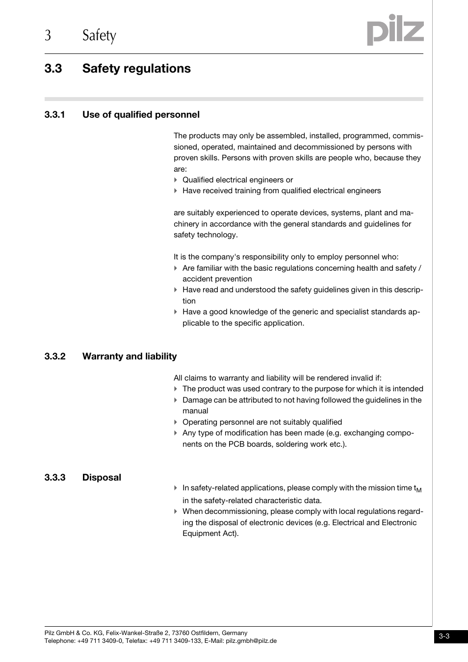 Safety regulations, 1 use of qualified personnel, 2 warranty and liability | 3 disposal, 3safety, 3 safety regulations | Pilz PNOZ ms3p standstill / speed monitor User Manual | Page 13 / 35