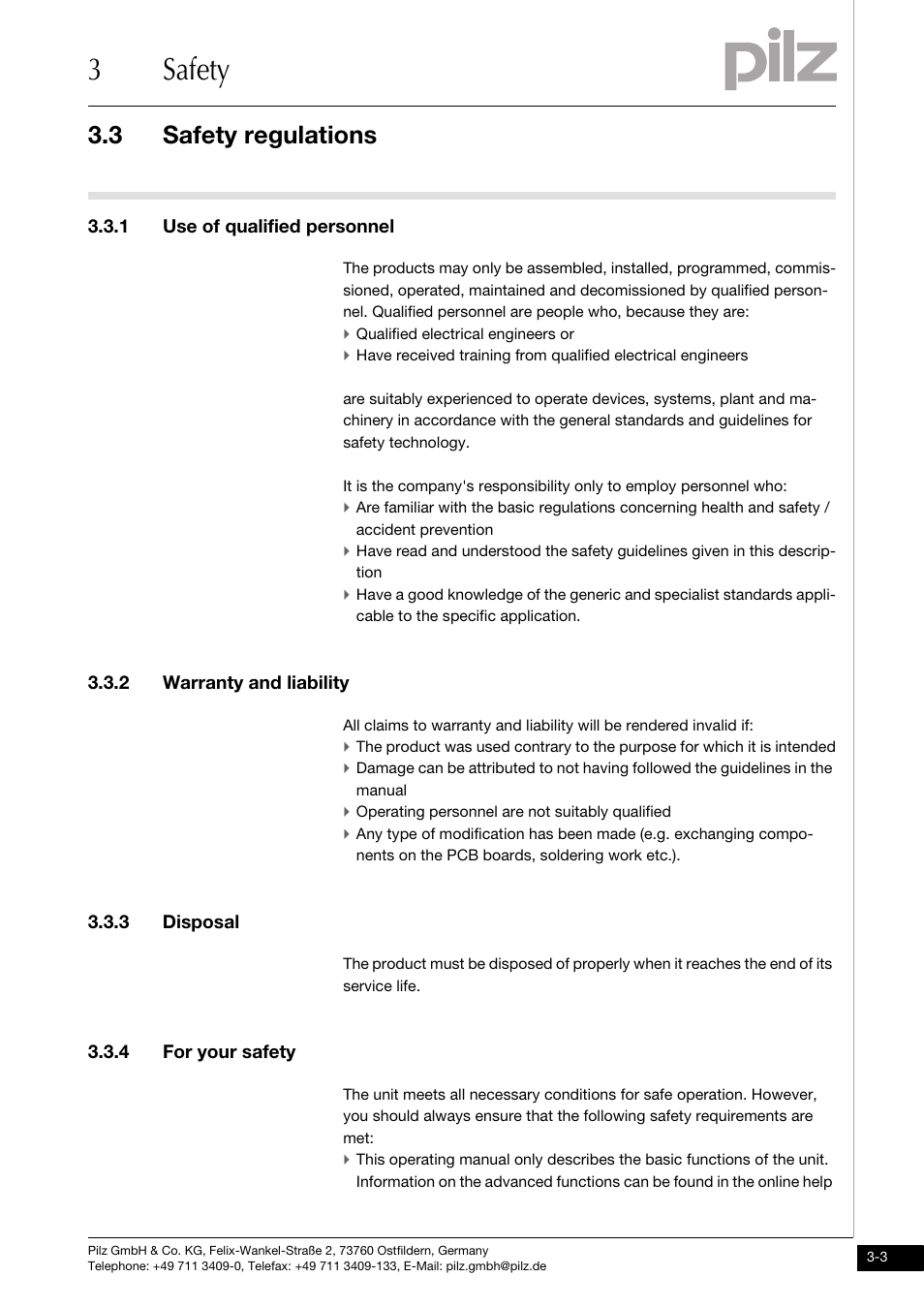 Safety regulations, 1 use of qualified personnel, 2 warranty and liability | 3 disposal, 4 for your safety, 3safety, 3 safety regulations | Pilz PNOZ ms4p speedcontrol User Manual | Page 13 / 33