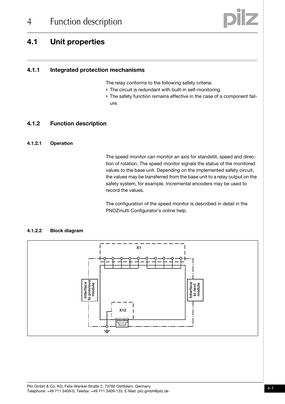 Function description, Unit properties, 1 integrated protection mechanisms | 2 function description, 1 operation, 2 block diagram, 4function description, 1 unit properties | Pilz PNOZ ms4p speedcontrol User Manual | Page 15 / 33