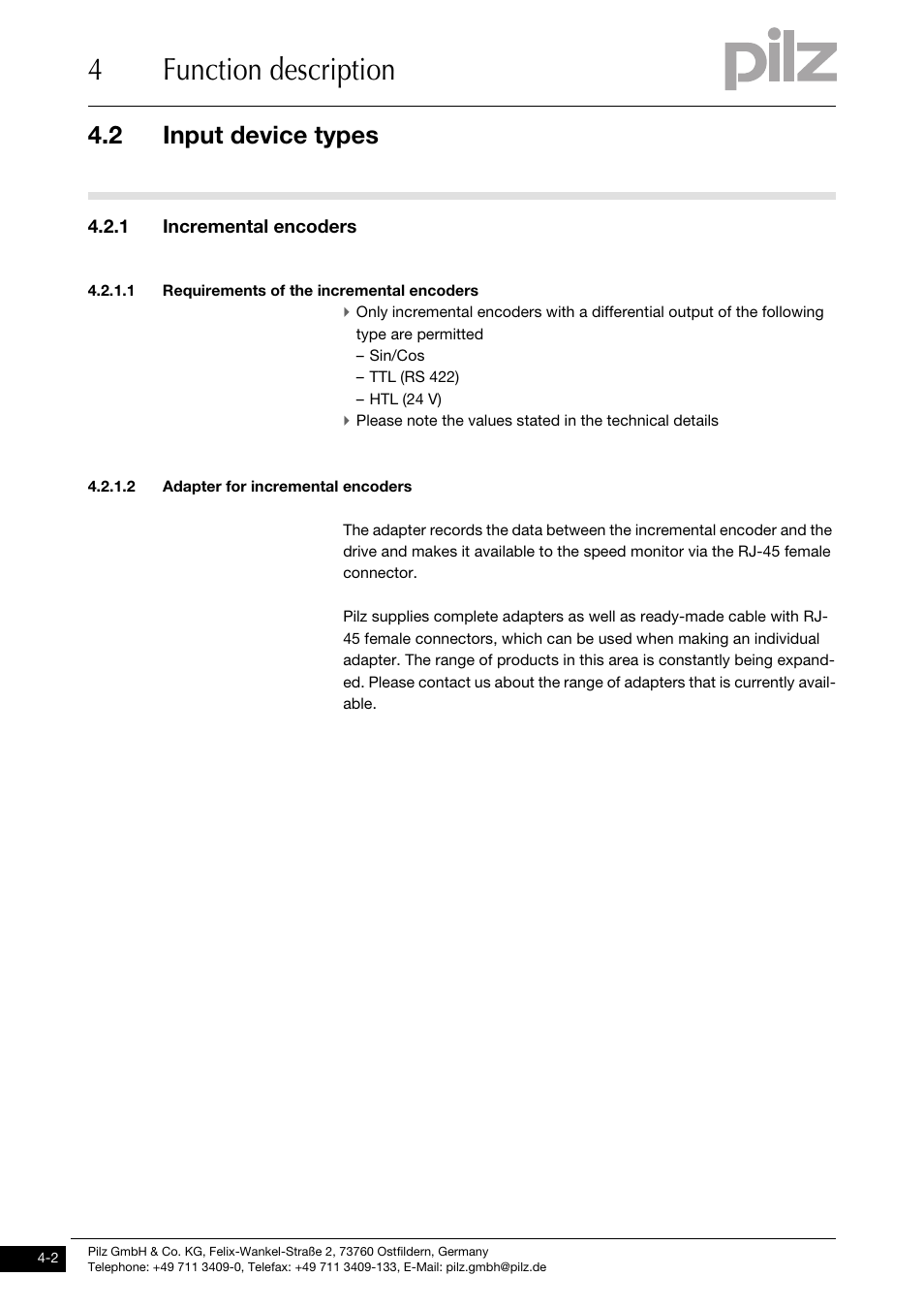 Input device types, 1 incremental encoders, 1 requirements of the incremental encoders | 2 adapter for incremental encoders, 4function description, 2 input device types | Pilz PNOZ ms4p speedcontrol User Manual | Page 16 / 33