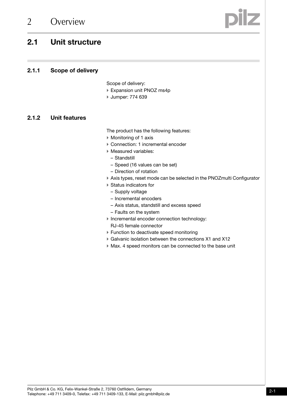 Overview, Unit structure, 1 scope of delivery | 2 unit features, 2overview, 1 unit structure | Pilz PNOZ ms4p speedcontrol User Manual | Page 9 / 33