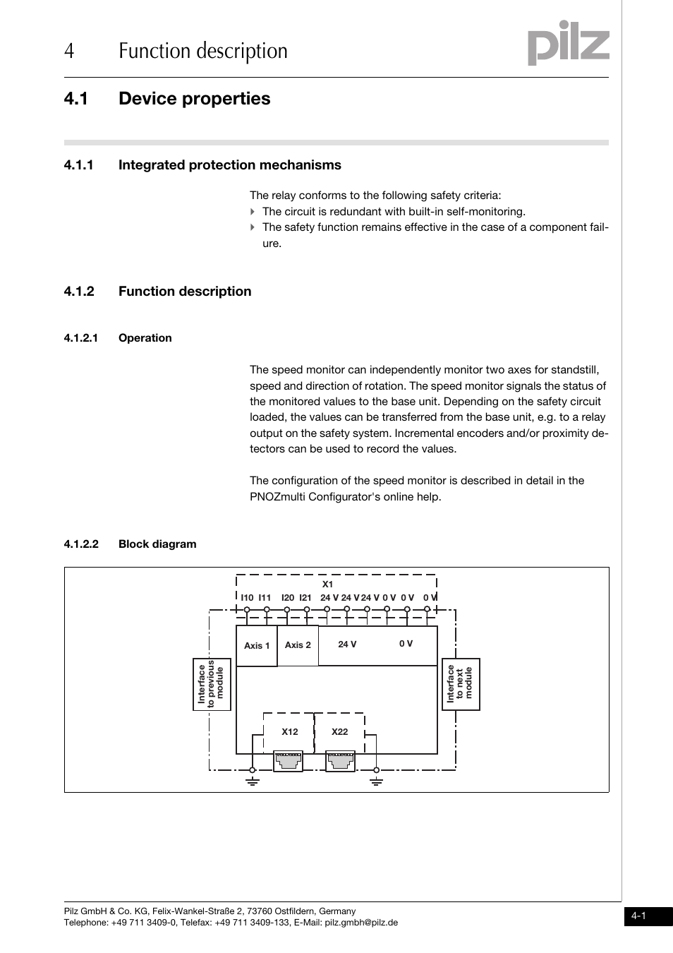 Function description, Device properties, Integrated protection mechanisms | Operation, Block diagram, 4function description, 1 device properties, 1 integrated protection mechanisms, 2 function description, 1 operation | Pilz PNOZms2p HTL User Manual | Page 15 / 43