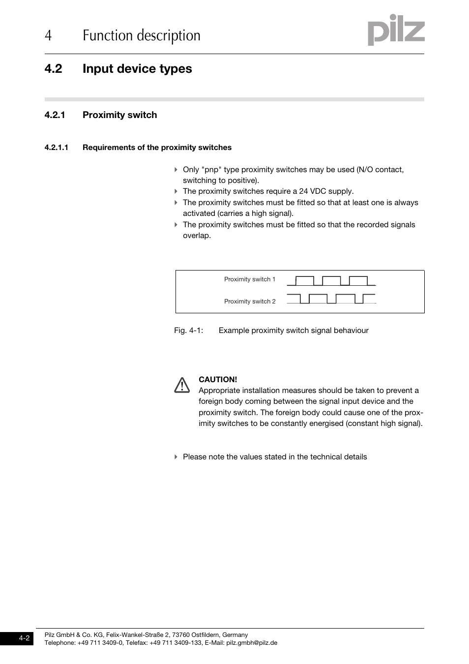 Input device types, Proximity switch, Requirements of the proximity switches | 4function description, 2 input device types, 1 proximity switch | Pilz PNOZms2p HTL User Manual | Page 16 / 43