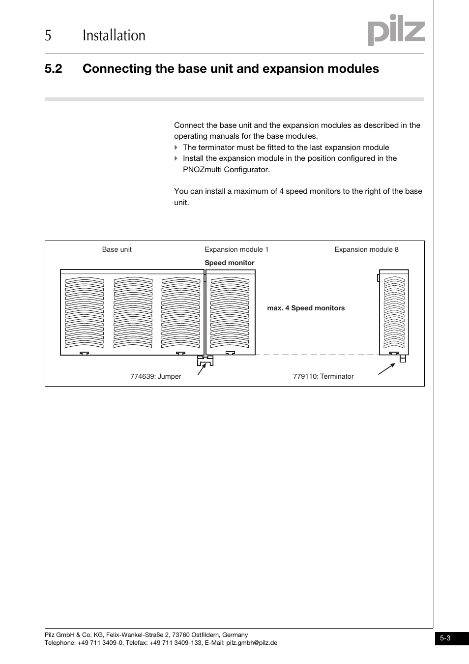 Connecting the base unit and expansion modules, 5installation, 2 connecting the base unit and expansion modules | Pilz PNOZms2p HTL User Manual | Page 21 / 43