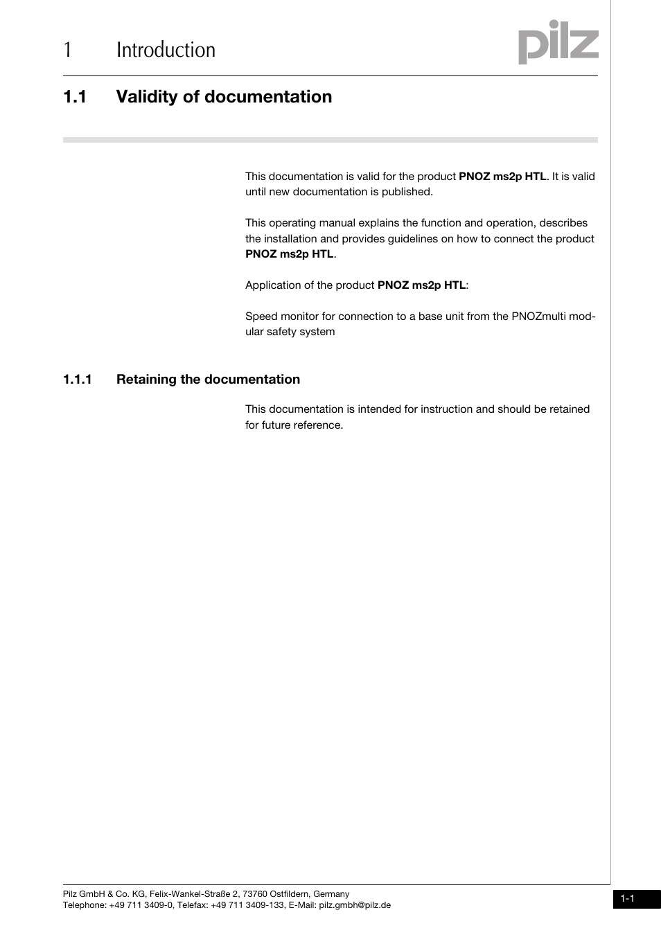 Introduction, Validity of documentation, Retaining the documentation | 1introduction, 1 validity of documentation, 1 retaining the documentation | Pilz PNOZms2p HTL User Manual | Page 5 / 43