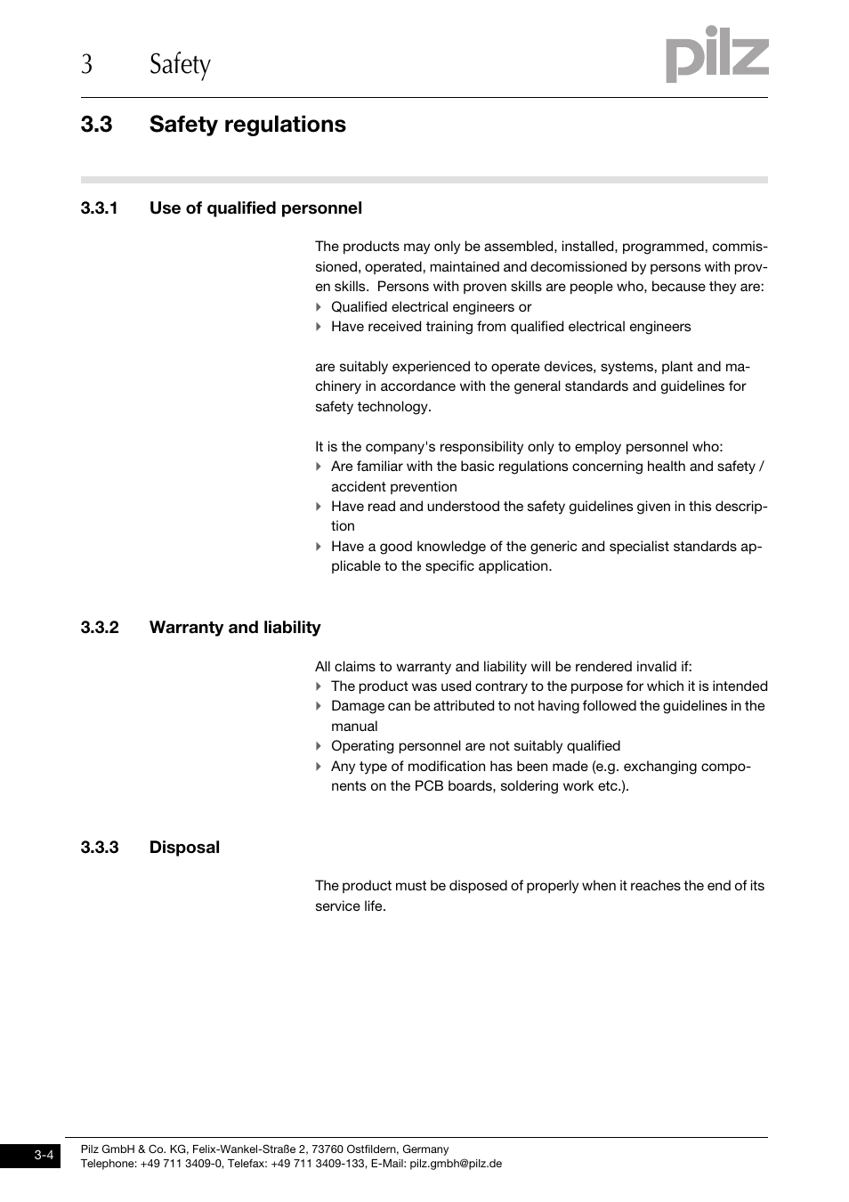 Safety regulations, 1 use of qualified personnel, 2 warranty and liability | 3 disposal, 3safety, 3 safety regulations | Pilz PNOZ ms2p TTL coated version User Manual | Page 14 / 45