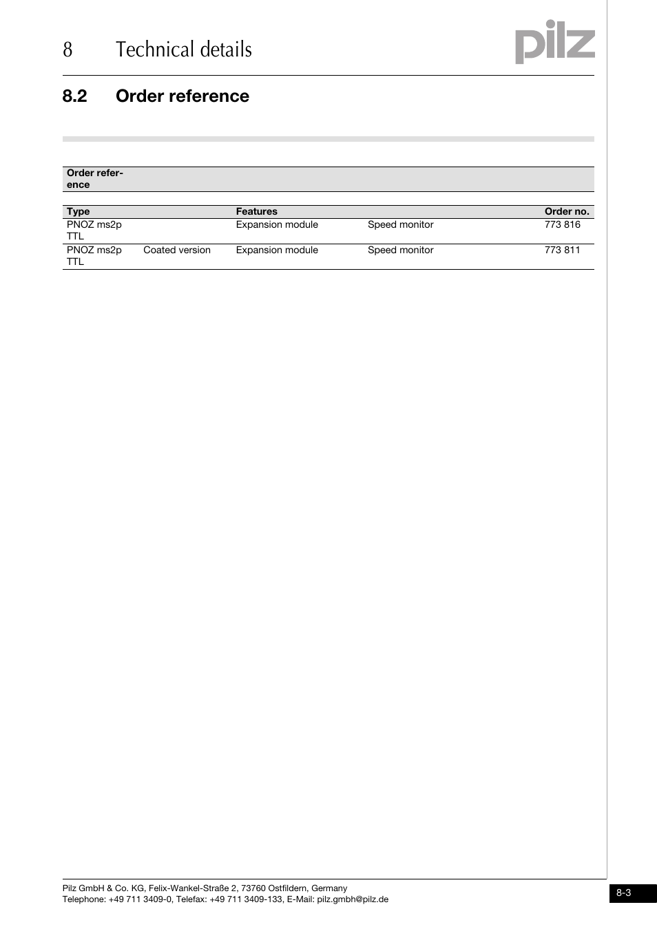 Order reference, 8technical details, 2 order reference | Pilz PNOZ ms2p TTL coated version User Manual | Page 41 / 45