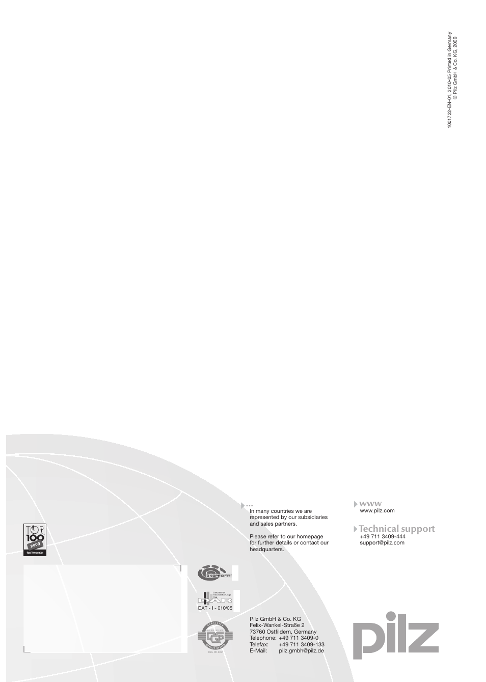 Addresse, Technical support | Pilz PNOZ ms2p TTL coated version User Manual | Page 45 / 45