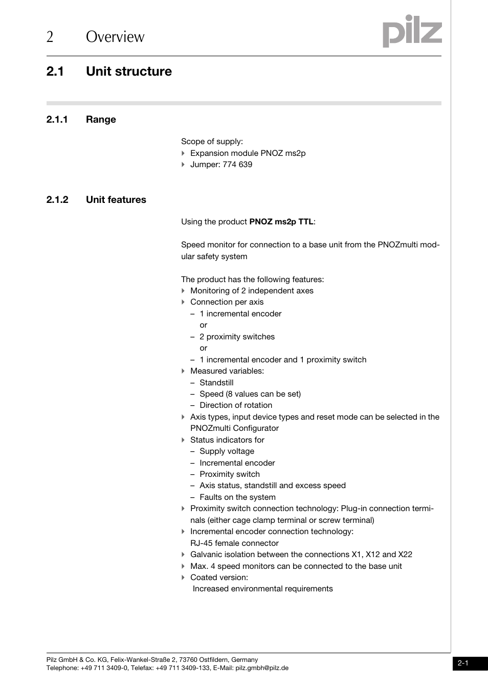 Overview, Unit structure, 1 range | 2 unit features, 2overview, 1 unit structure | Pilz PNOZ ms2p TTL coated version User Manual | Page 9 / 45