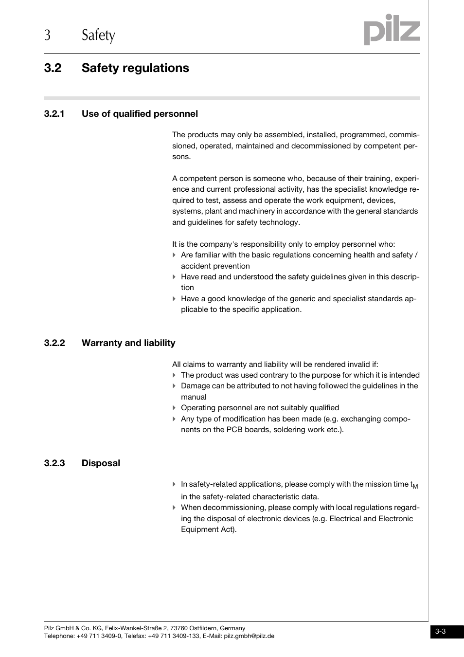 Safety regulations, Use of qualified personnel, Warranty and liability | Disposal, 3safety, 2 safety regulations, 1 use of qualified personnel, 2 warranty and liability, 3 disposal | Pilz PNOZ ms3p HTL User Manual | Page 13 / 35