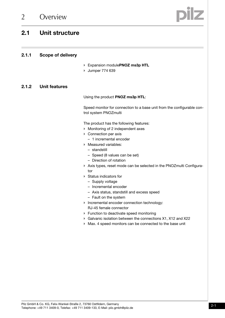 Overview, Unit structure, Scope of delivery | Unit features, 2overview, 1 unit structure, 1 scope of delivery, 2 unit features | Pilz PNOZ ms3p HTL User Manual | Page 9 / 35