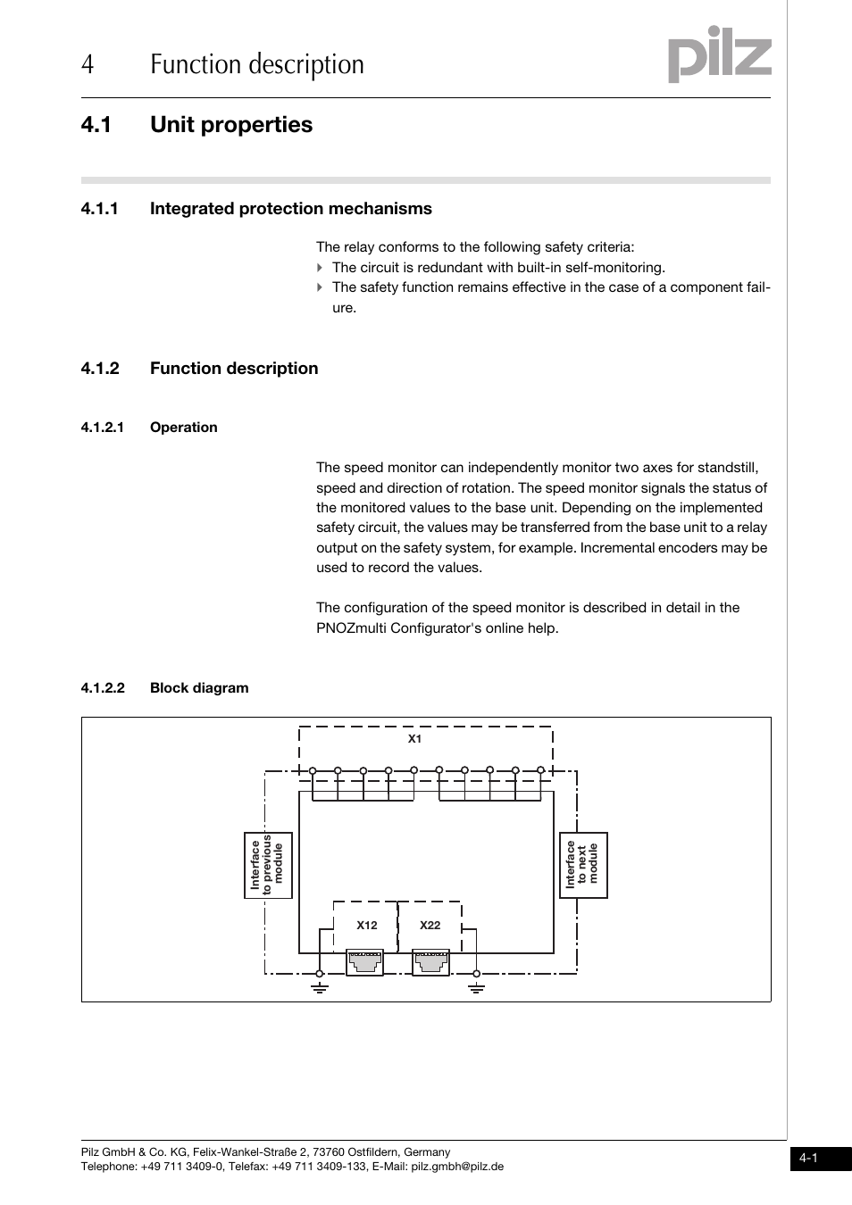 4 function description, Unit properties, 1 integrated protection mechanisms | 2 function description, 1 operation, 2 block diagram, 4function description, 1 unit properties | Pilz PNOZ ms3p TTL User Manual | Page 15 / 35