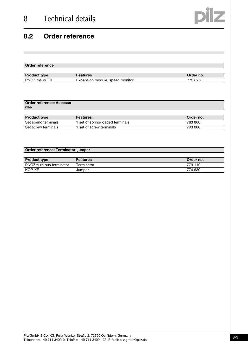 Order reference, 8technical details, 2 order reference | Pilz PNOZ ms3p TTL User Manual | Page 29 / 35