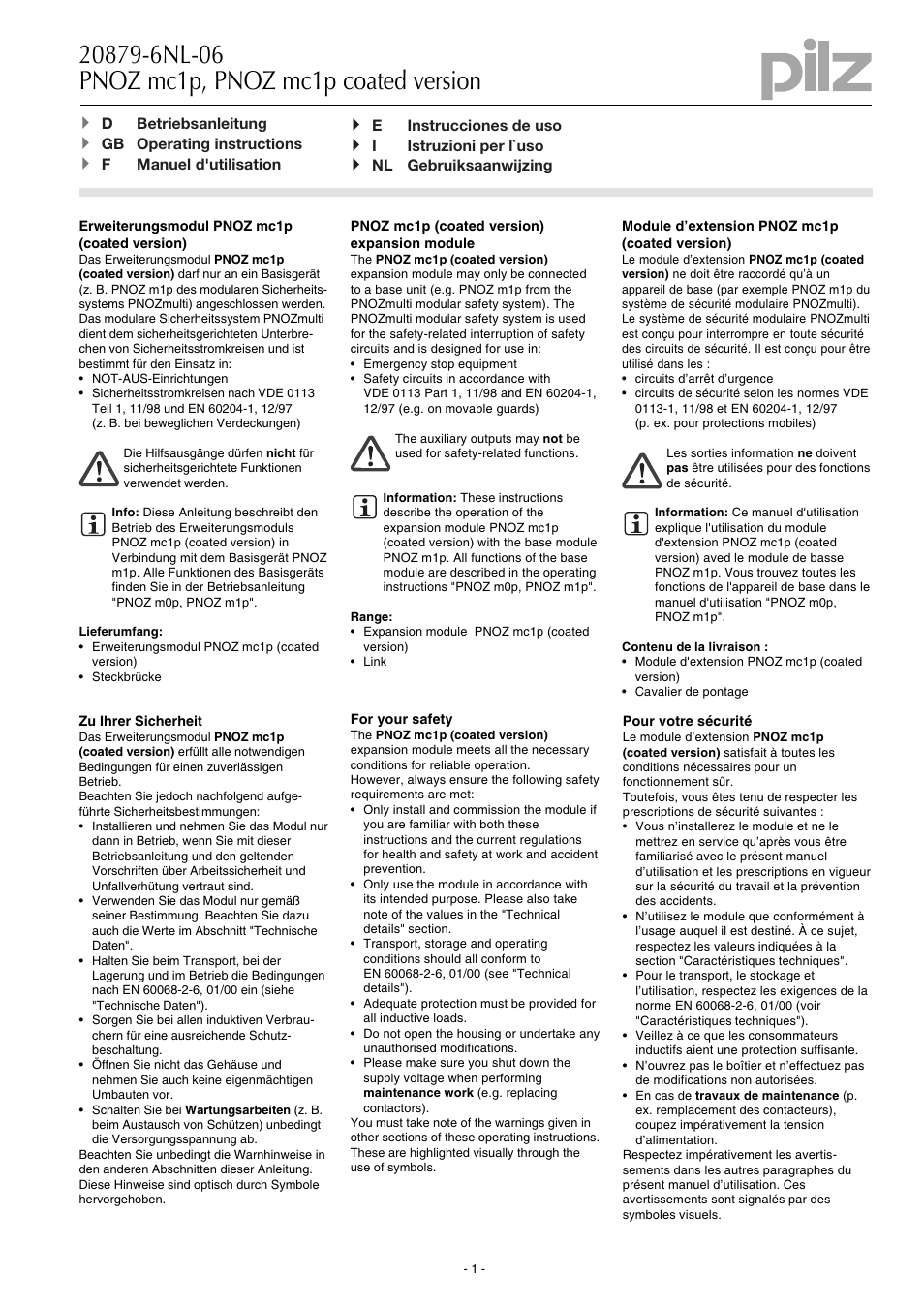 Pilz PNOZ mc1p User Manual | 16 pages