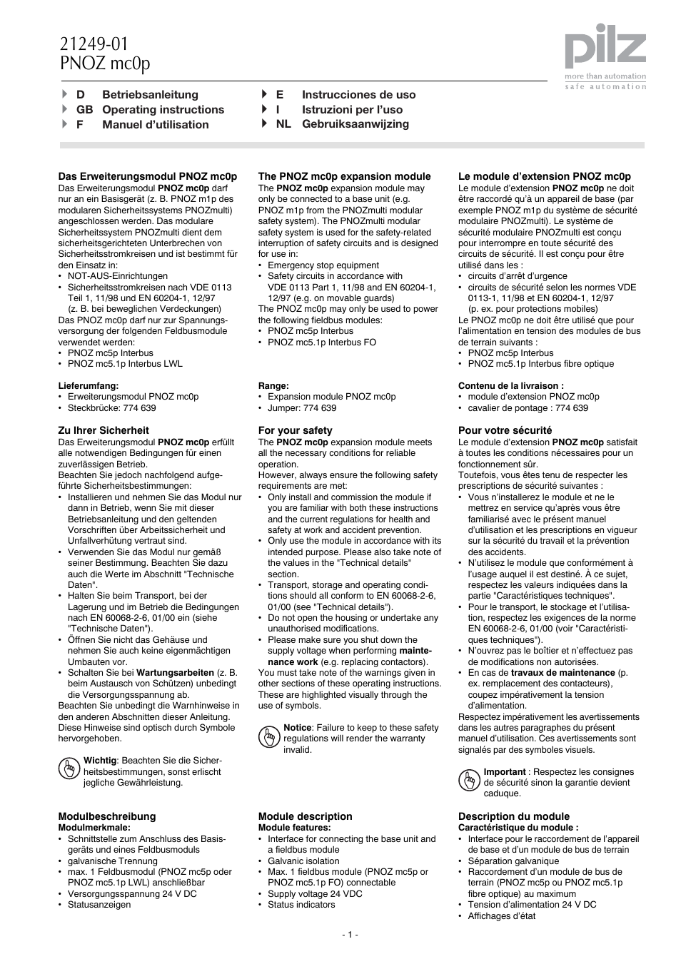 Pilz PNOZ mc0p Powersupply User Manual | 12 pages