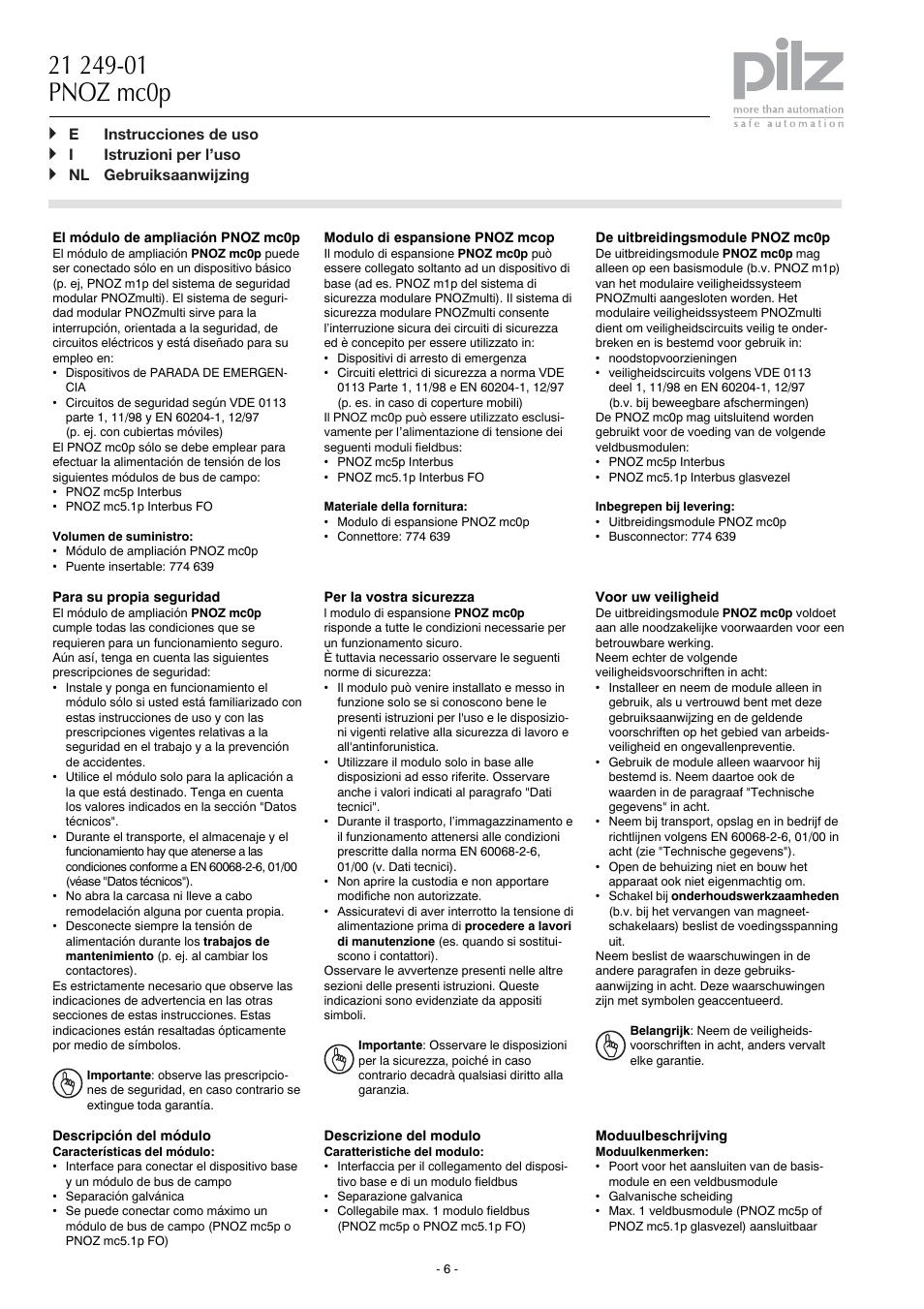 Einstrucciones de uso, Iistruzioni per luso, Nl gebruiksaanwijzing | Pilz PNOZ mc0p Powersupply User Manual | Page 6 / 12